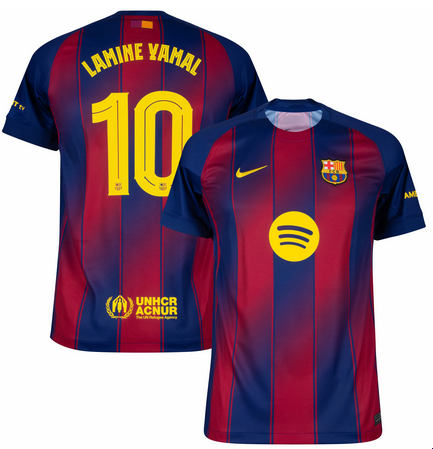 Men's Barcelona #10 Lamine Yamal Navy/Red 2025/26 Home Soccer Jersey