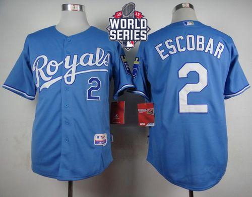 Royals #2 Alcides Escobar Light Blue Alternate 1 Cool Base W/2015 World Series Patch Stitched MLB Jersey