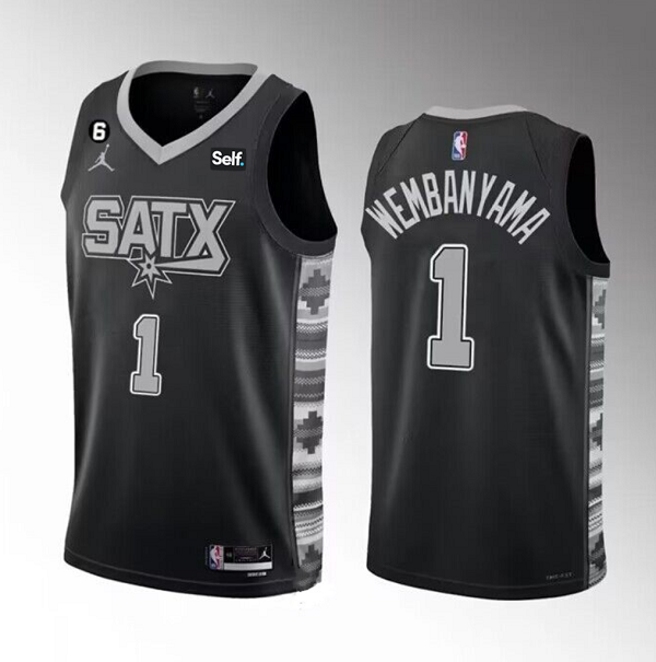 Men's San Antonio Spurs #1 Victor Wembanyama Black 2022/23 Statement Edition With NO.6 Patch Stitched Basketball Jersey