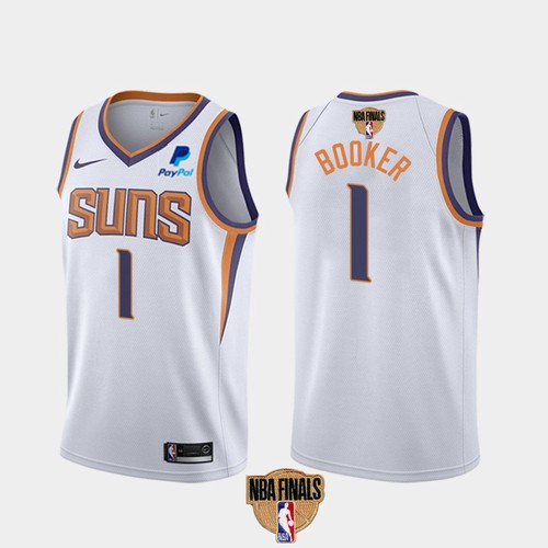 Men's Phoenix Suns #1 Devin Booker 2021 White NBA Finals Association Edition Stitched Jersey