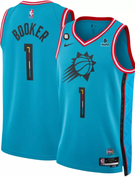 Men's Phoenix Suns #1 Devin Booker Blue 2022/23 City Edition With NO.6 And Payple Patch Stitched Basketball Jersey