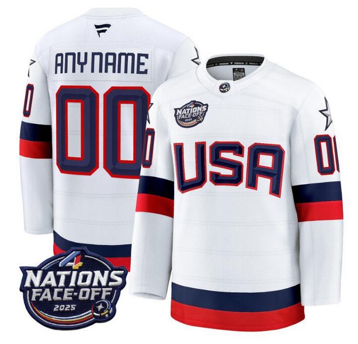 Men's USA Active Player Custom White 2025 4 Nations Face-Off Stitched Jersey