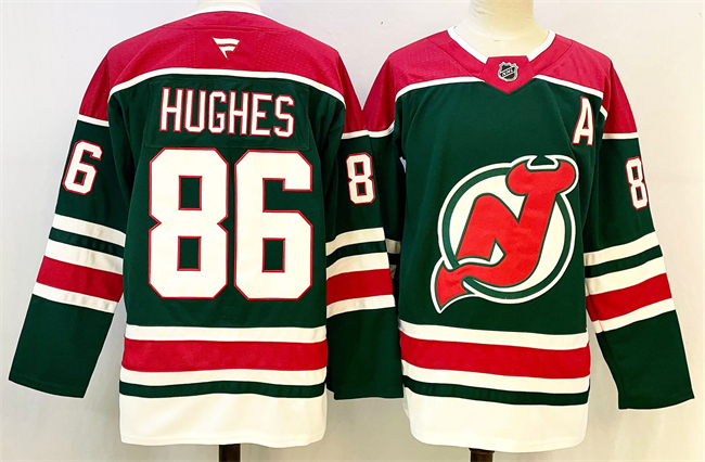 Men's New Jersey Devils #86 Jack Hughes Green/Red 2024-25 With A Patch Stitched Hockey Jersey