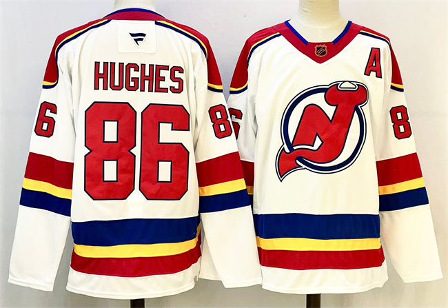 Men's New Jersey Devils #86 Jack Hughes White/Red 2024-25 With A Patch Stitched Hockey Jersey