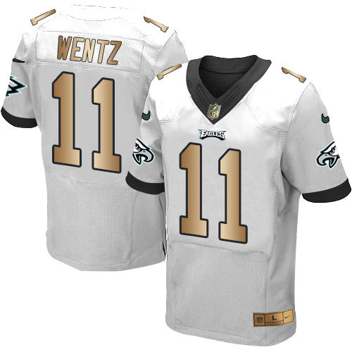 Nike Eagles #11 Carson Wentz White Men's Stitched NFL New Elite Gold Jersey
