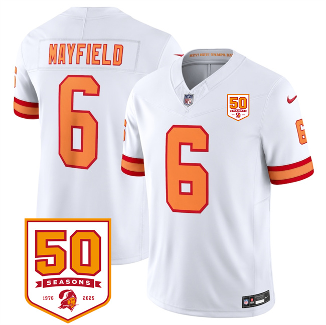 Men's Tampa Bay Buccaneers #6 Baker Mayfield White 2025 F.U.S.E. 50th Anniversary Patch Vapor Limited Stitched Jersey