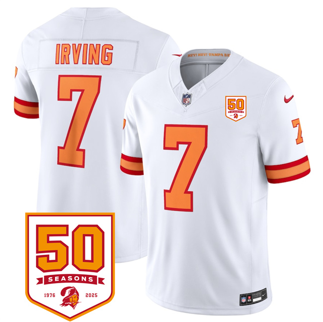 Men's Tampa Bay Buccaneers #7 Bucky Irving White 2025 F.U.S.E. 50th Anniversary Patch Vapor Limited Stitched Jersey