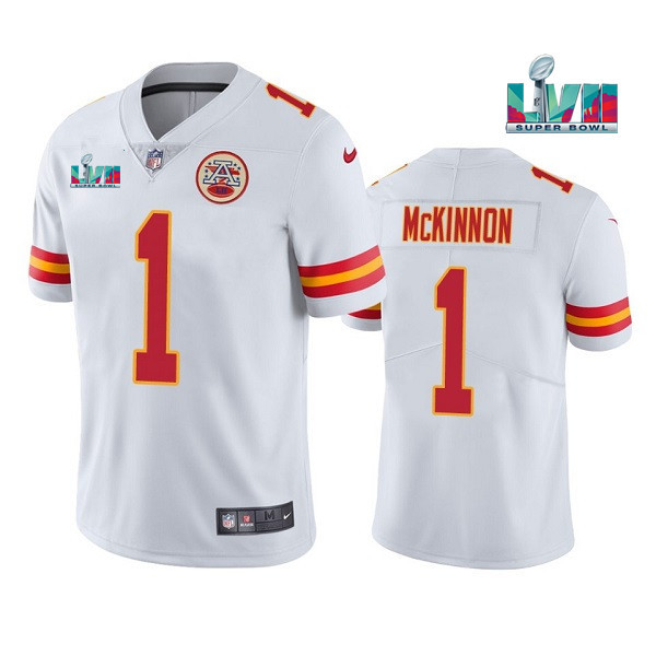 Men’s Kansas City Chiefs #1 Jerick McKinnon White Super Bowl LVII Patch Vapor Untouchable Limited Stitched Jersey