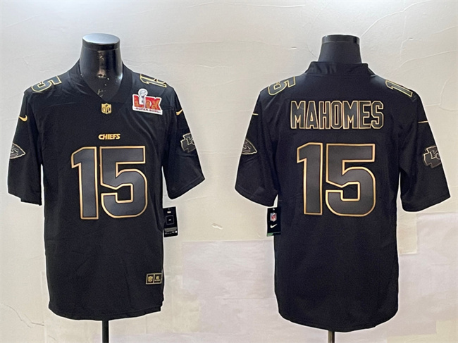 Men's Kansas City Chiefs #15 Patrick Mahomes Black/Gold 2025 Super Bowl LIX Patch Vapor Limited Stitched Football Jersey