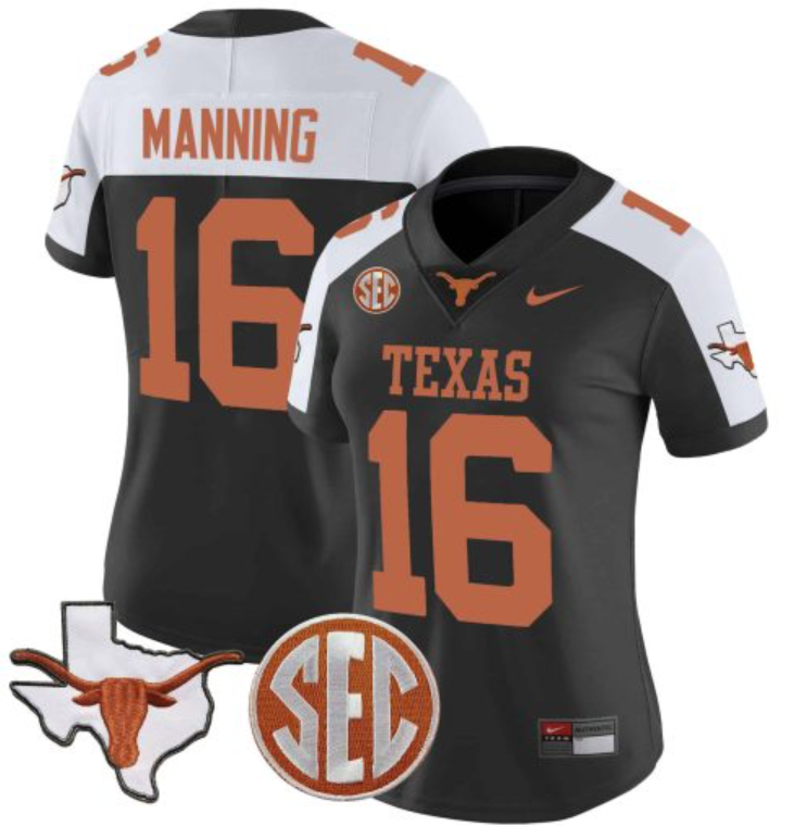 Women's Texas Longhorns #16 Arch Manning Black/White Map & SEC Patch Stitched Football Jersey(Run Small)